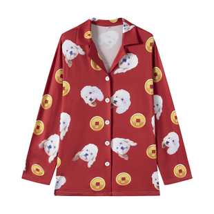 中国风新年春节本命年红睡衣定制牛奶丝喜庆财神印花可外穿家居服