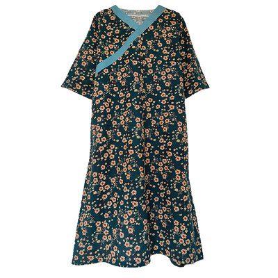 棉麻沙滩裙碎花文艺V领A型