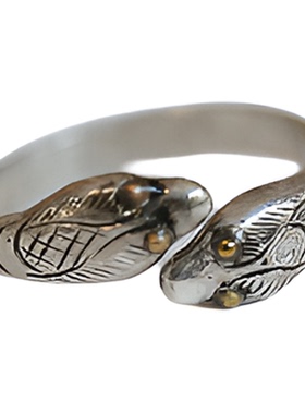 尼泊尔双头蛇开口银戒指男女羽毛