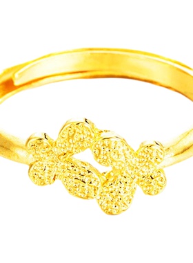沙金戒指女款 开口镀金仿真金戒指四叶花朵满天星殴币金戒指