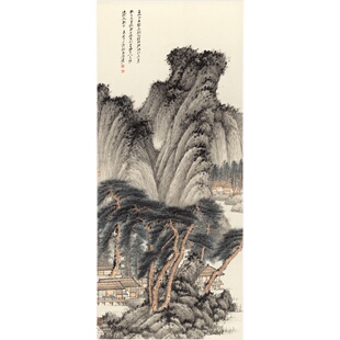 张大千 仿王蒙春山读书图 复古书画山水国画真迹微喷仿古挂抽装饰