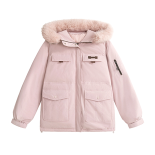 UNIFREE韩系粉色工装羽绒服女冬季新款加厚三防90白鸭绒保暖外套