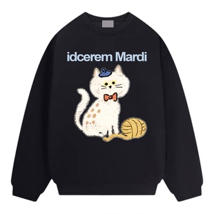 idcerem Mardi秋冬季加绒涂鸦猫咪印花卫衣女士生款圆领休闲上衣