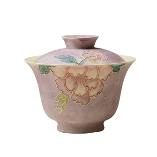 里作 紫烟手绘牡丹花盖碗高端陶瓷薄胎泡茶碗创意手工堆绘沏茶碗