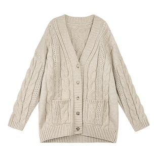 NEVA HU黑色麻花毛衣外套女中长款2025秋冬宽松慵懒风针织衫开衫