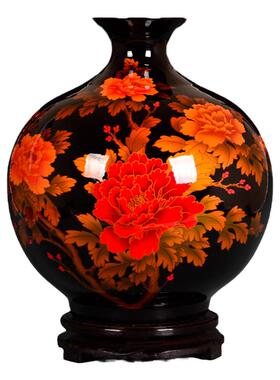 景德镇陶瓷器中国红色花瓶插花石榴摆件新中式家居客厅装饰品工艺