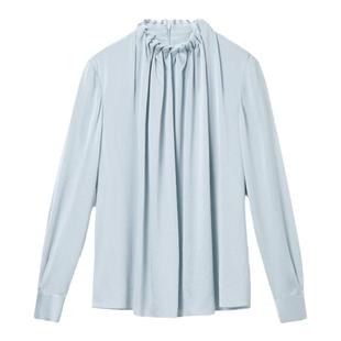 OVV秋冬新款女装20MM缎面绉手工缝制花苞褶饰真丝衬衫上衣