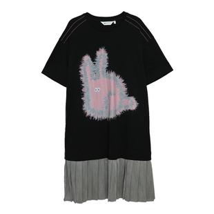 MOVEUP幻走2025夏季新款.FUN系列圆领炸毛兔印花拼接针织连衣裙