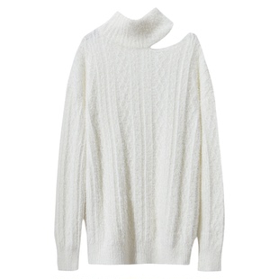 Amii2025秋新款环保貂绒高领镂空扭绳搬针工艺毛衣女宽松毛绒上衣