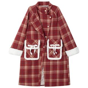 KEIKO [夹棉] 韩系复古红色格纹毛呢大衣秋冬新年氛围感加厚外套