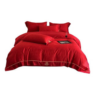 高级感轻奢双喜结婚四件套红色婚庆玫瑰喜被套新婚房陪嫁床上用品