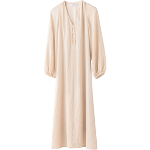 亚麻连衣裙贝壳长裙女装2025年春秋新款设计感复古简约宽松慵懒风