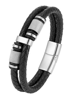 黑色真皮编织手绳男士复古皮绳双层手链高级感手环男生饰品礼物潮