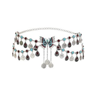 民族风腰链女肚皮舞饰品水钻东方舞吊坠古风坦领汉服敦煌珍珠流苏