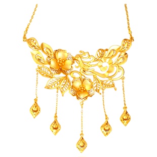 新中式仿金色假五金凤凰花项链新娘结婚假三金套装3D浮雕龙凤手镯