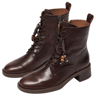 KISSCAT接吻猫[黑胶唱片]马丁靴25新真皮黑色马丁靴加绒复古短靴