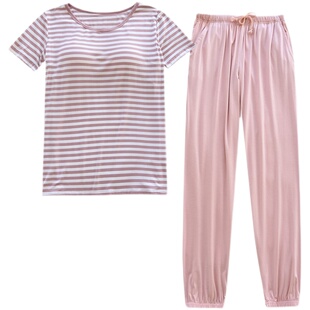 免文胸Bar带胸垫莫代尔条纹短袖T恤收口束脚长裤家居服睡衣套装夏