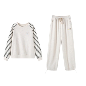 Basic House/百家好秋季套装条纹插肩袖卫衣休闲卫裤两件套2025女