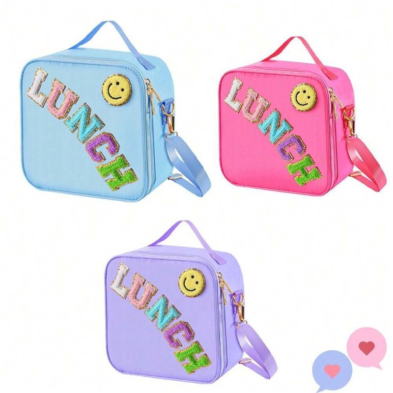 跨境刺绣字母笑脸户外手提野餐手提包便携式包铝膜午餐保温