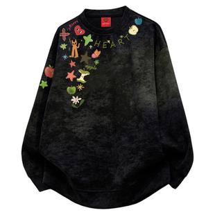 查尔斯桃心 美式扎染项链涂鸦印花卫衣男圆领秋冬季新款百搭上衣