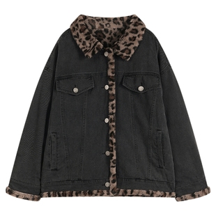 妖精的口袋复古豹纹撞色夹棉牛仔外套女2026年冬季新款仿兔毛棉服