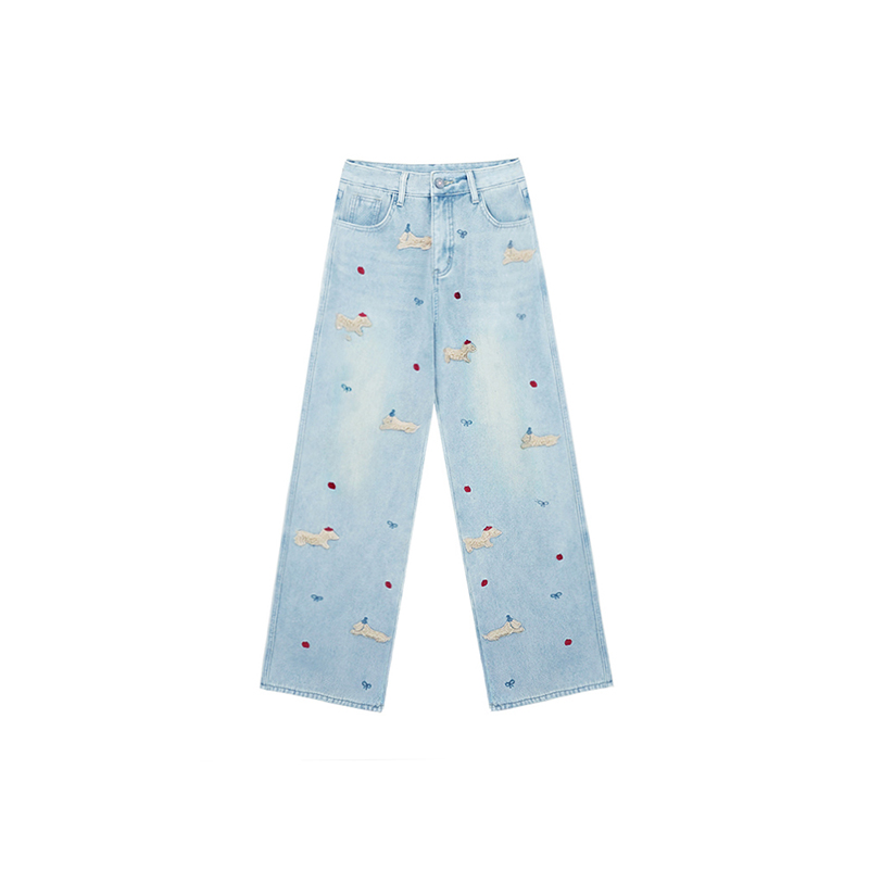 设计感腊肠狗刺绣牛仔裤女冬季加绒胖妹妹mm高腰宽松显瘦阔腿长裤