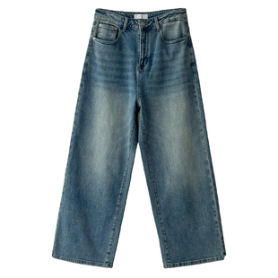 Nick Tian 复古做旧小直筒蓝色牛仔裤男秋冬新款韩版宽松百搭长裤