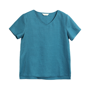 逗号/十木米原创夏季新款亚麻文艺简约v领百搭小上衣T恤女