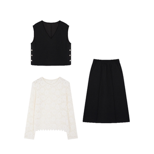 沫晗依美蕾丝提花打底衫马甲裙子穿搭一整套2026春季新款时尚套装