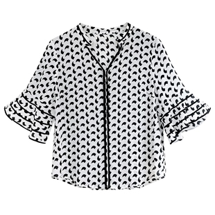 v领真丝衬衫女中袖春夏新款宽松大码印花桑蚕丝上衣洋气妈妈小衫