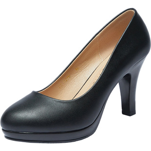 礼仪高跟鞋女黑色圆头皮鞋面试中粗跟工作鞋空乘职业单鞋礼服浅口