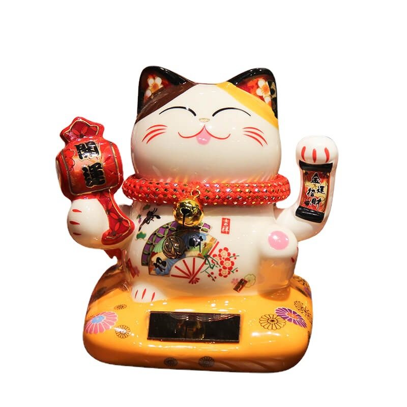 陶瓷小摆件发财猫太阳能电池双用