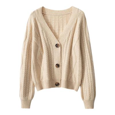 重磅V领绞花加厚羊绒开衫外套