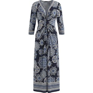 马天奴2026春夏新款藏青色印花V领收腰连衣裙子长裙气质复古时尚