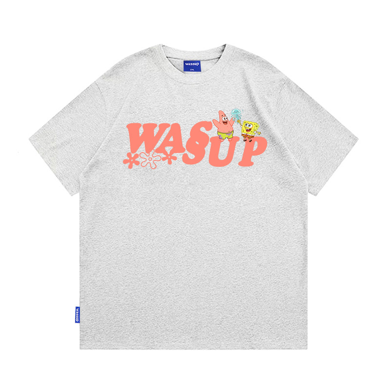 WASSUP海绵宝宝灰色字母短袖T恤