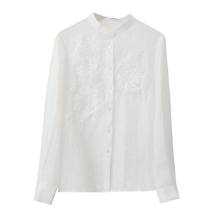 Amii秋款新中式重工立领蕾丝贴花全苎麻白衬衫女贝壳扣上衣