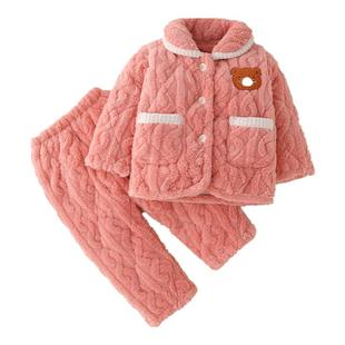 儿童睡衣冬季加厚款男童法兰绒三层夹棉加绒男孩女童珊瑚绒家居服