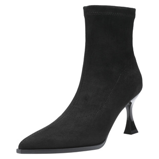 大东2025冬季新款时尚潮流优雅酒杯跟袜靴尖头高跟绒面气质女靴子