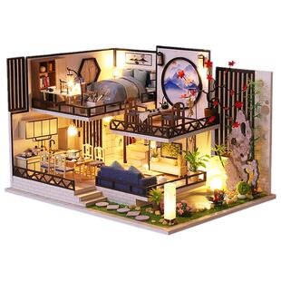 创意新中式复古建筑模型小房子木质手拼装工diy小屋微缩模型礼物
