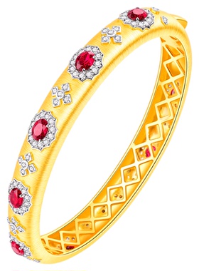 VISING培育红宝石《国检证书》拉丝手镯意大利工艺金色镯子S925