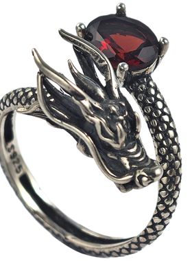 郑银季S925银红石榴石女戒指复古做旧龙形指环可调节