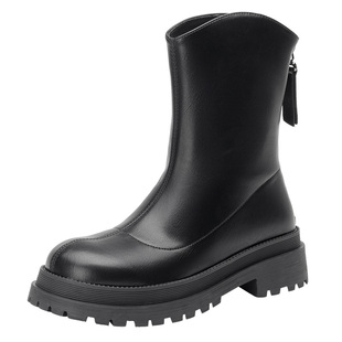 大东加绒短靴女冬季新款保暖圆头粗跟中跟短靴后拉链女靴子0600E