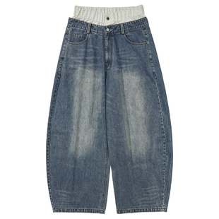 Mentmate 25AW 水洗竹节纹牛仔裤男茧型宽松双腰头假两条裤子长裤