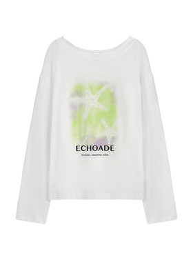ECHOADE慵懒松弛 轻薄不闷热斜肩印花长袖T恤宽松印花一字领上衣