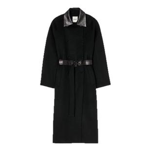 季末6折SANDRO2025秋冬新款女装迪木尔风绵羊毛黑色皮领毛呢大衣