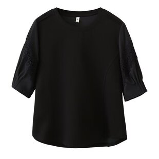 大码白色短袖T恤女胖MM宽松显瘦设计感蕾丝拼接不对称五分袖上衣
