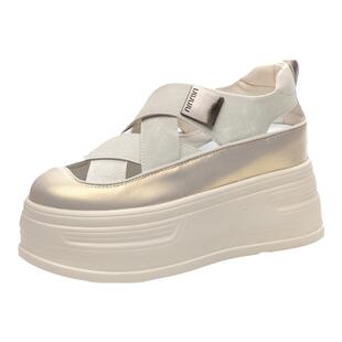 厚底内增高8cm松糕凉鞋女2026新款夏季镂空女鞋银色透气小白鞋