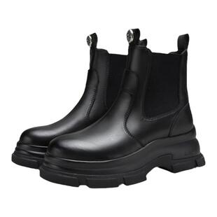 MIO米奥冬季纯色圆头靴子高跟靴子英伦风短筒显瘦厚底切尔西靴