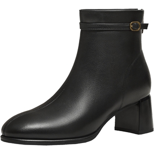 天美意复古粗跟时装靴皮靴女鞋高跟短靴瘦瘦靴2025冬新款BK032DD5