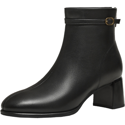 天美意复古粗跟时装靴皮靴女鞋高跟短靴瘦瘦靴2025冬新款BK032DD5